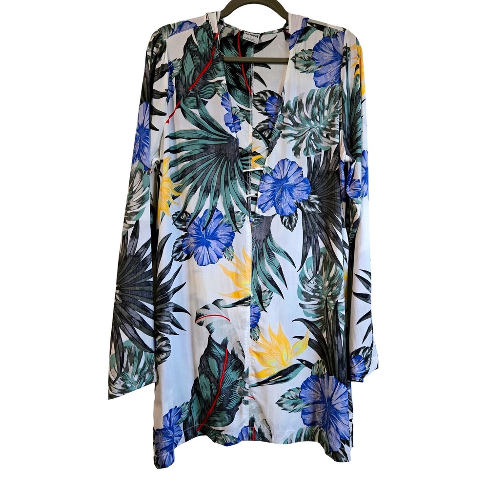 Hurley Women Tropical Floral Hooded Lace Up Beach Cover Up Dress White Blue L